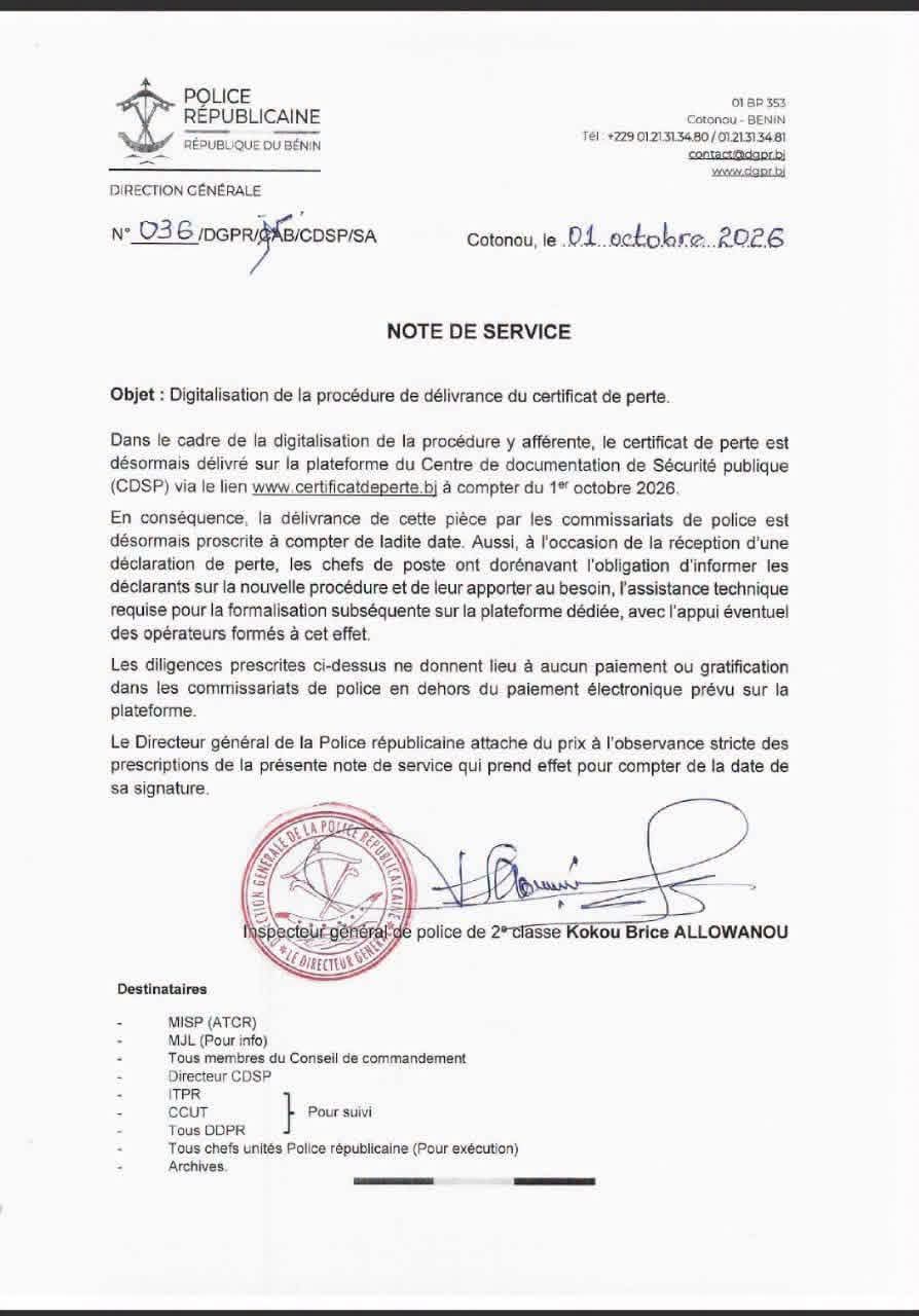 Bénin : le certificat de perte entre dans l’ère du 100 % numérique